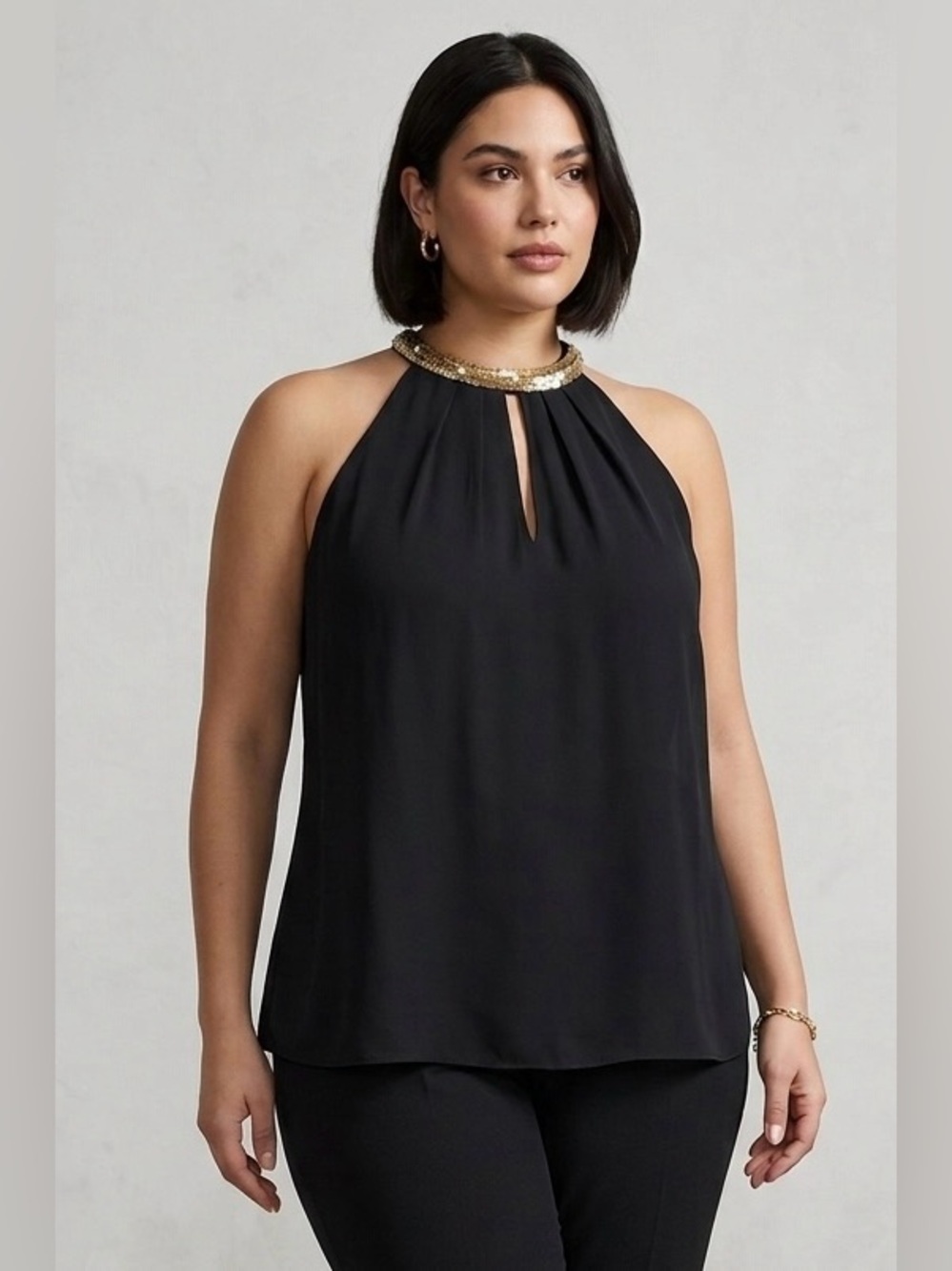 Rebecca Taylor Black Halter Tank Gold Sequin Neckline 100% Silk Size 12 BNWT